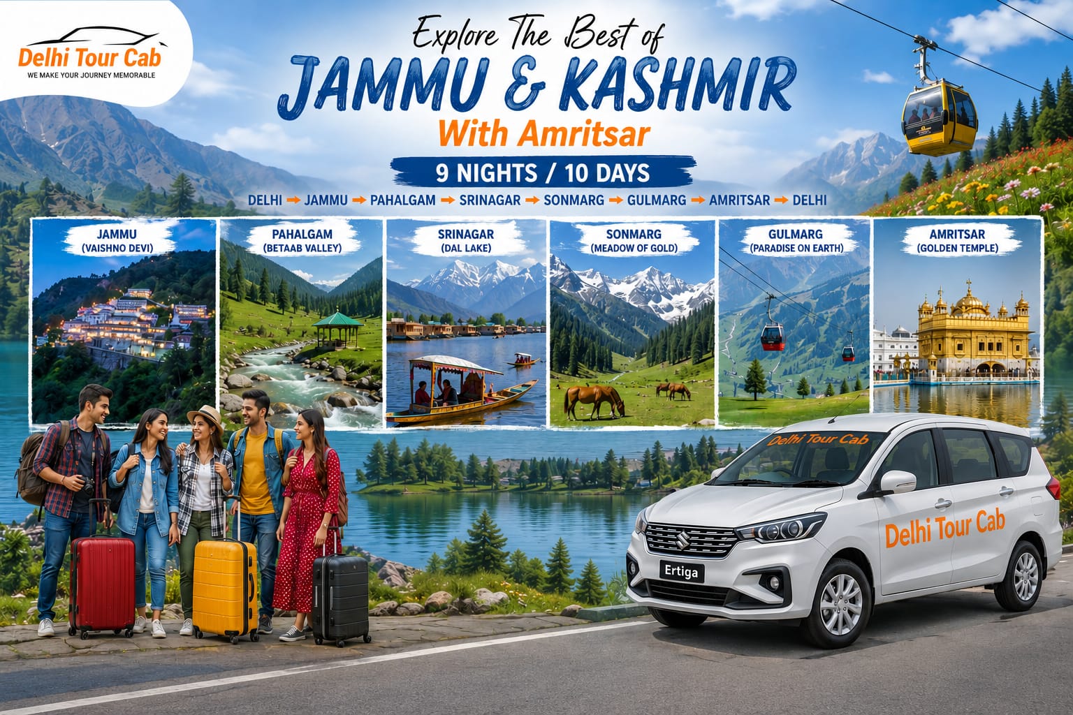 Delhi to Jammu Pahalgam Srinagar sonmarg Gulmarg Amritsar tour package by car 9N &10D